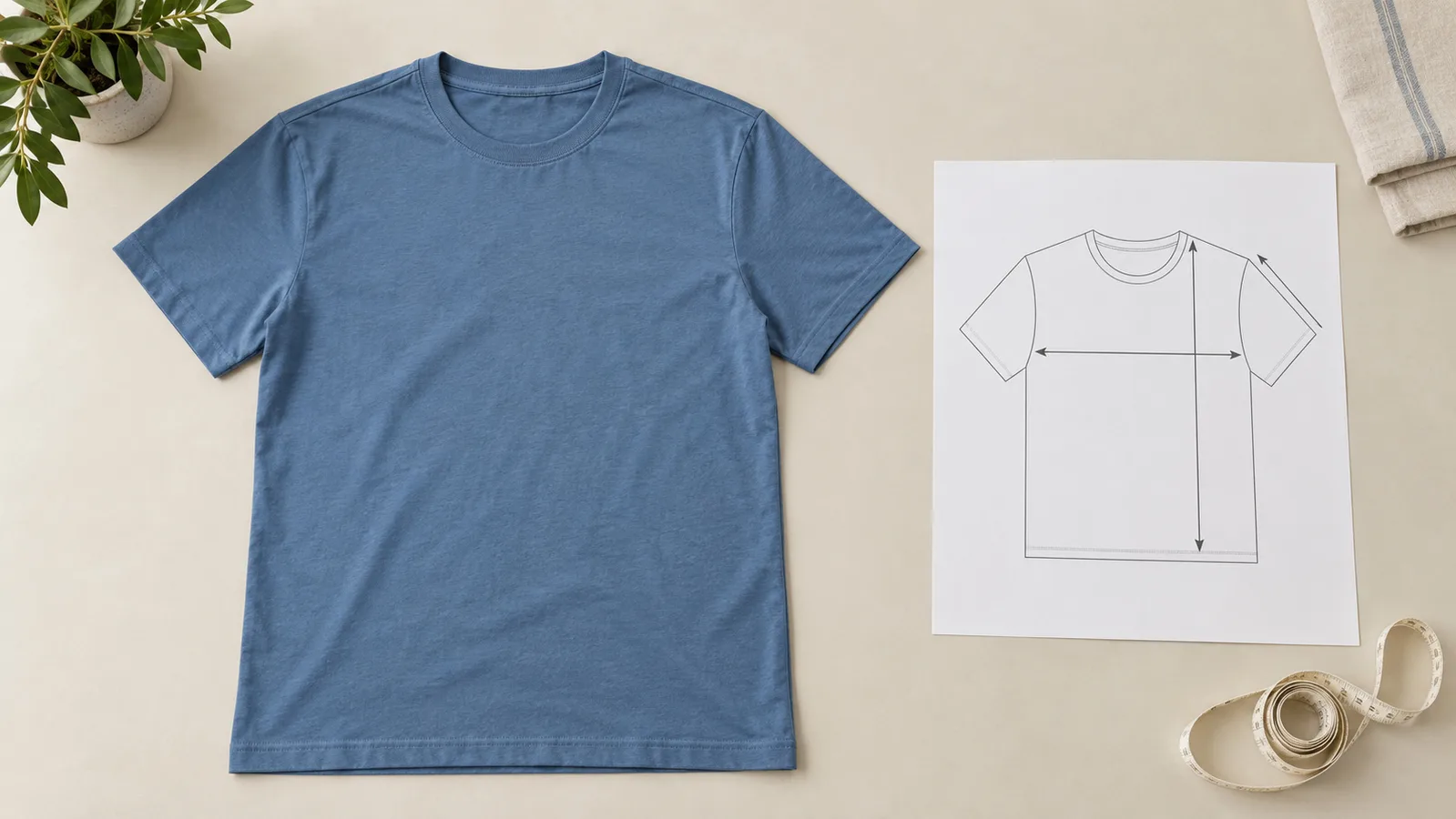 T-shirt semplice distesa accanto a uno schizzo di misurazione dell'indumento