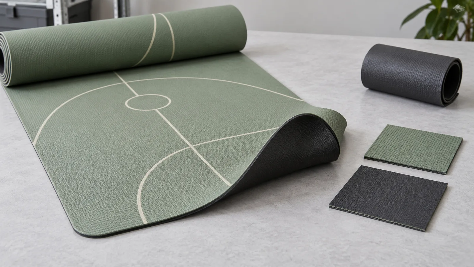 Tappetino da yoga stampato e campioni separati di materiali di base disposti per illustrare un percorso di produzione