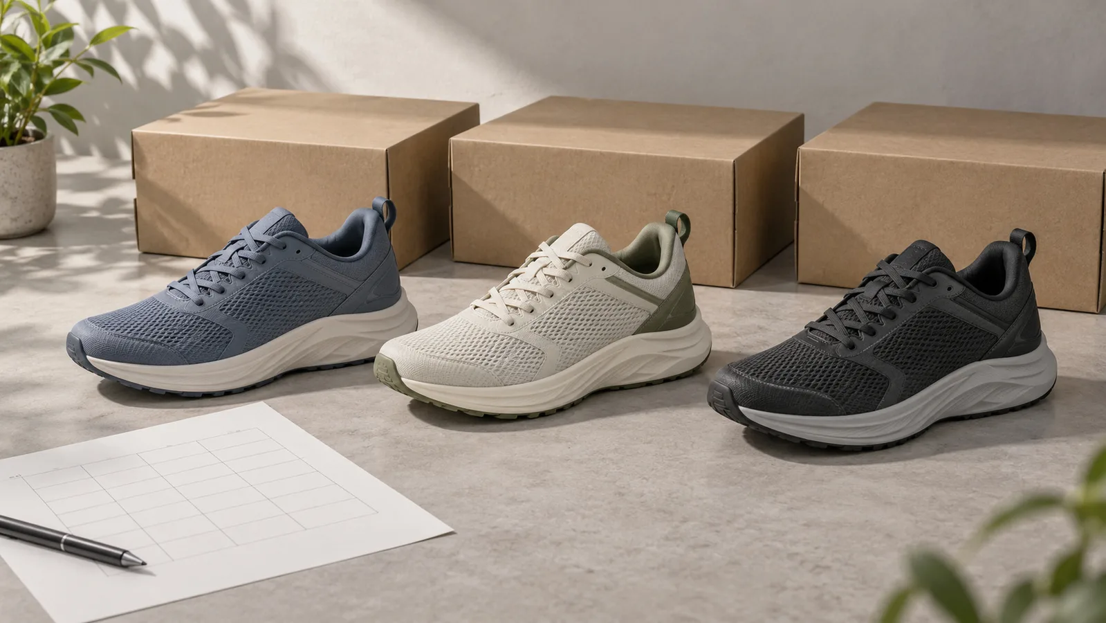 Campioni di colori di scarpe da corsa senza marchio accanto a semplici scatole di scarpe