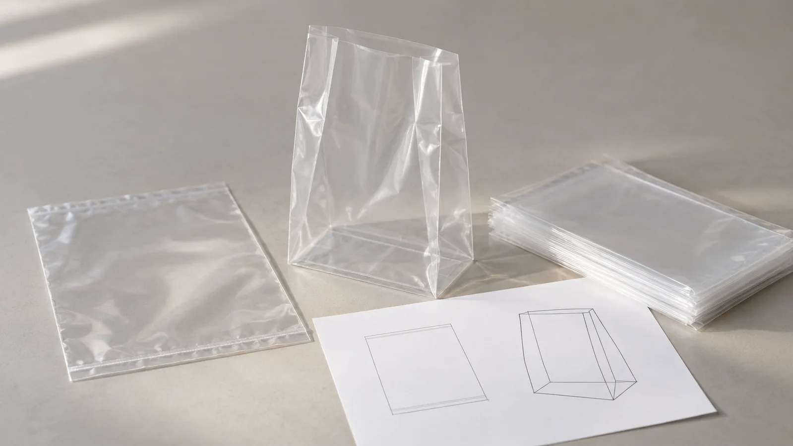 Campioni di sacchetti di plastica piatti e a soffietto laterali trasparenti accanto a un semplice disegno di forma