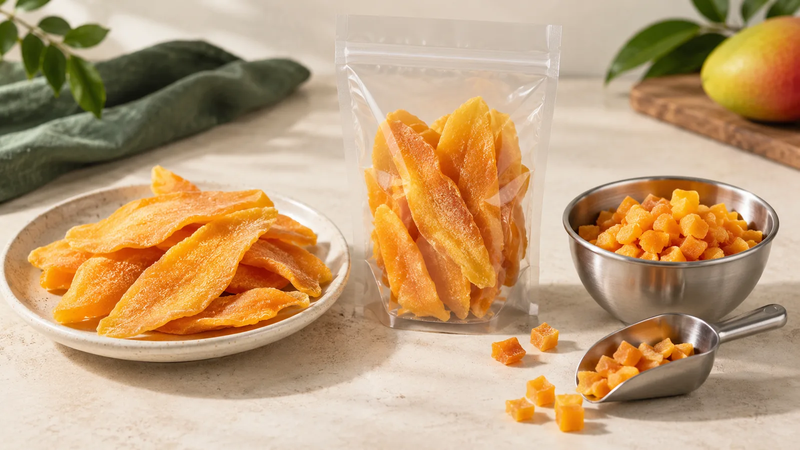 Fette di mango essiccato e mango a cubetti a confronto come due specifiche di prodotto