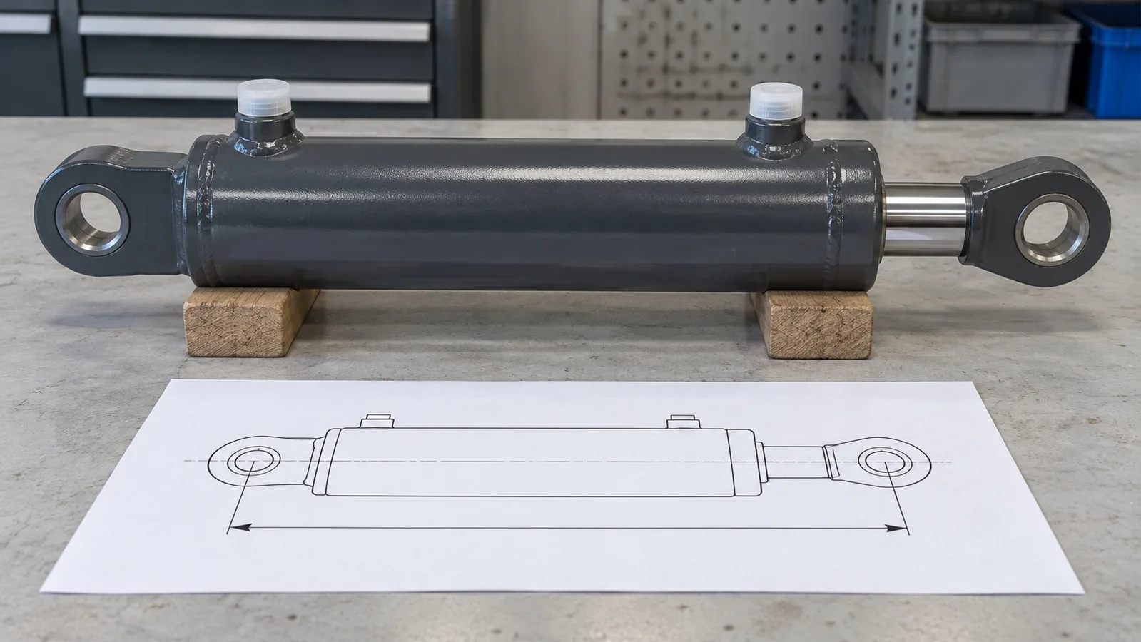 Cilindro idraulico disinstallato con porte protette accanto a un disegno schematico di montaggio