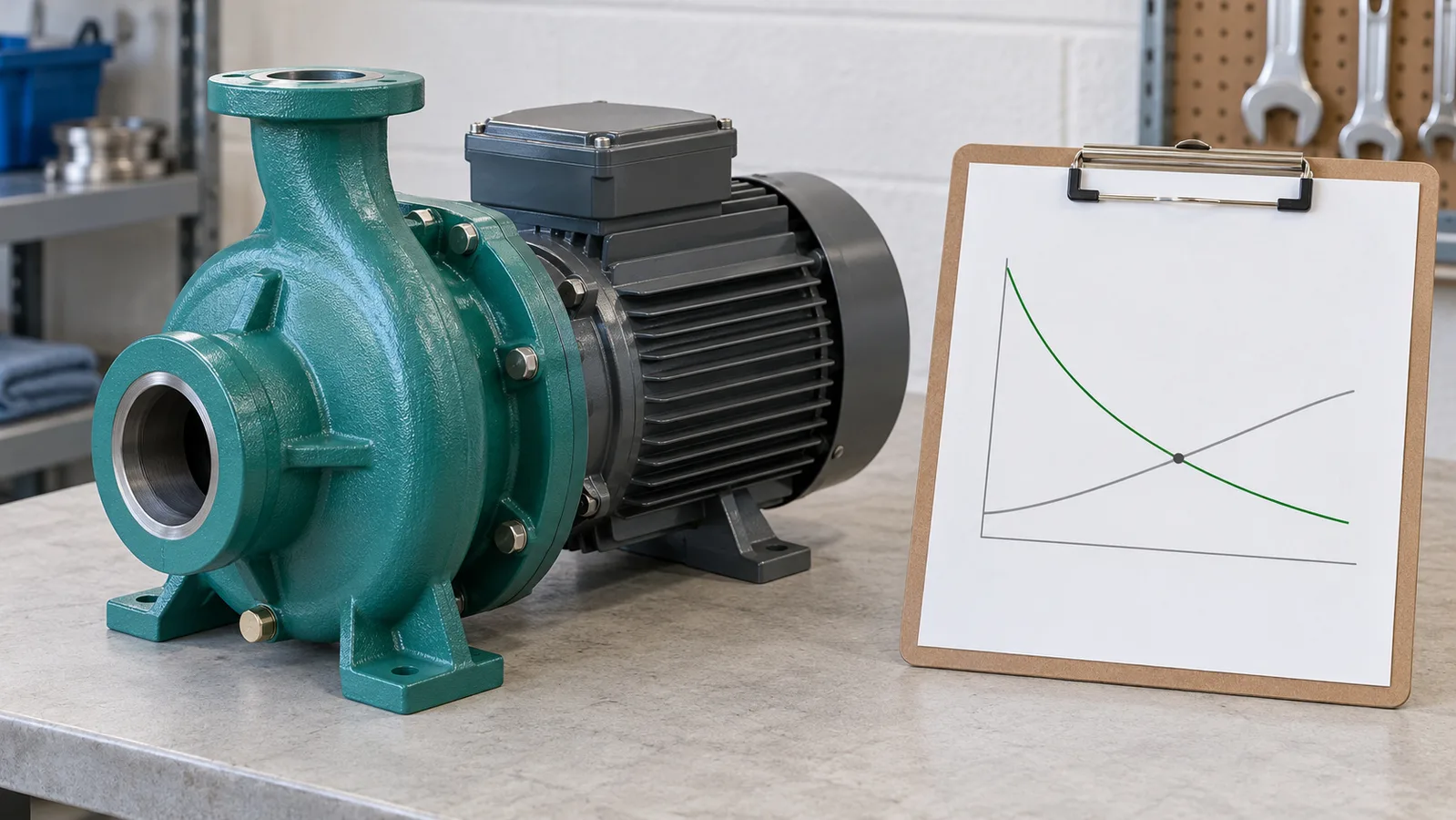 Pompa dell'acqua centrifuga senza marchio accanto a un grafico schematico della prevalenza del flusso a scopo illustrativo