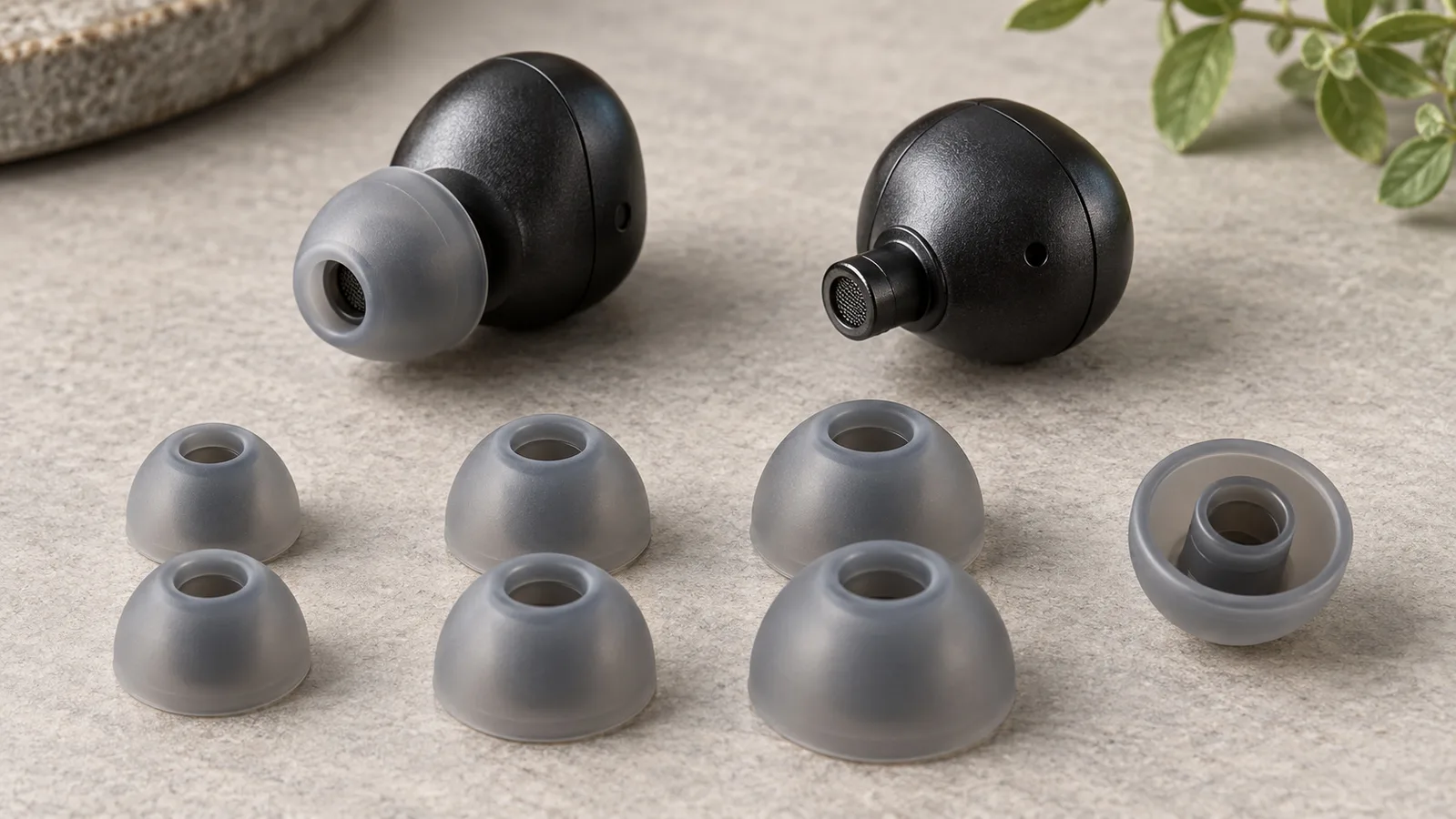 Auricolari Bluetooth e cuscinetti auricolari in silicone separati che mostrano le gonne e i collari di attacco