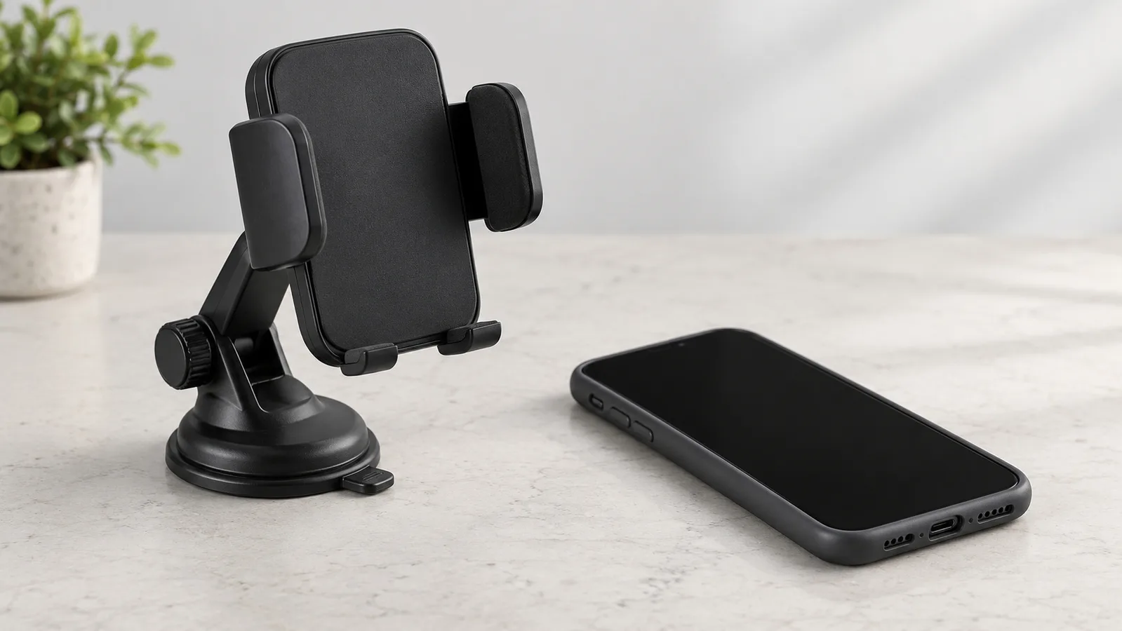 Supporto per telefono generico a morsetto su un tavolo neutro per la revisione dei campioni accanto a un telefono con custodia senza marchio