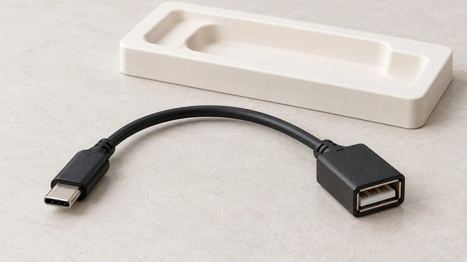 Un cavo adattatore USB generico con entrambe le estremità del connettore visibili su una superficie di ispezione neutra