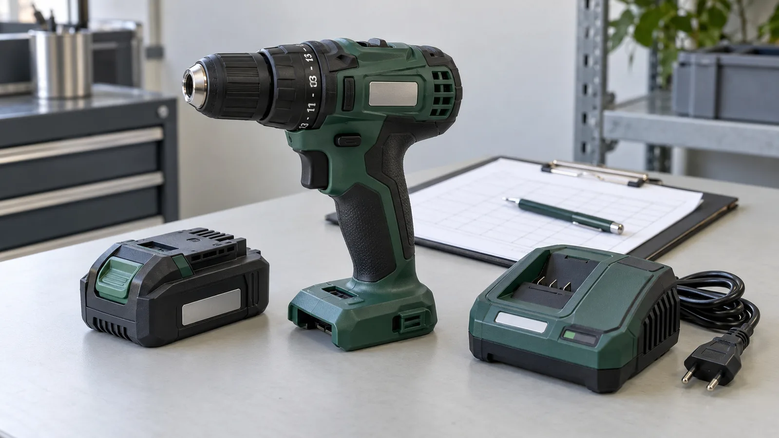 Trapano manuale a batteria, batteria separata e caricabatterie scollegato oltre ai registri di ispezione