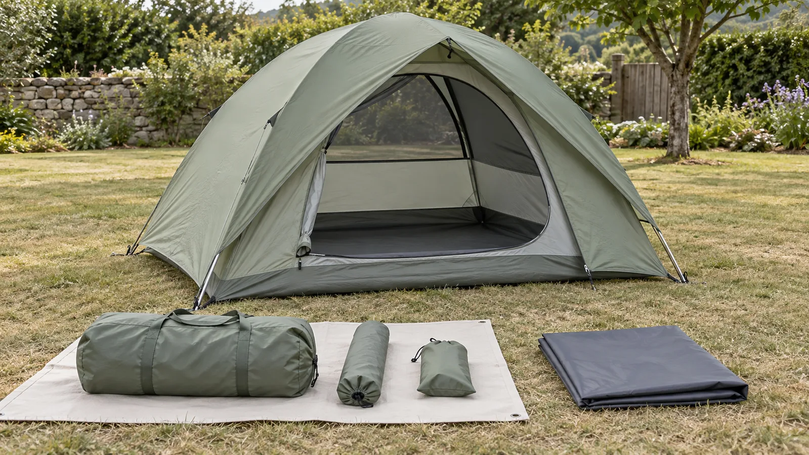Tenda a cupola verde salvia con borsa per il trasporto e accessori ben organizzati