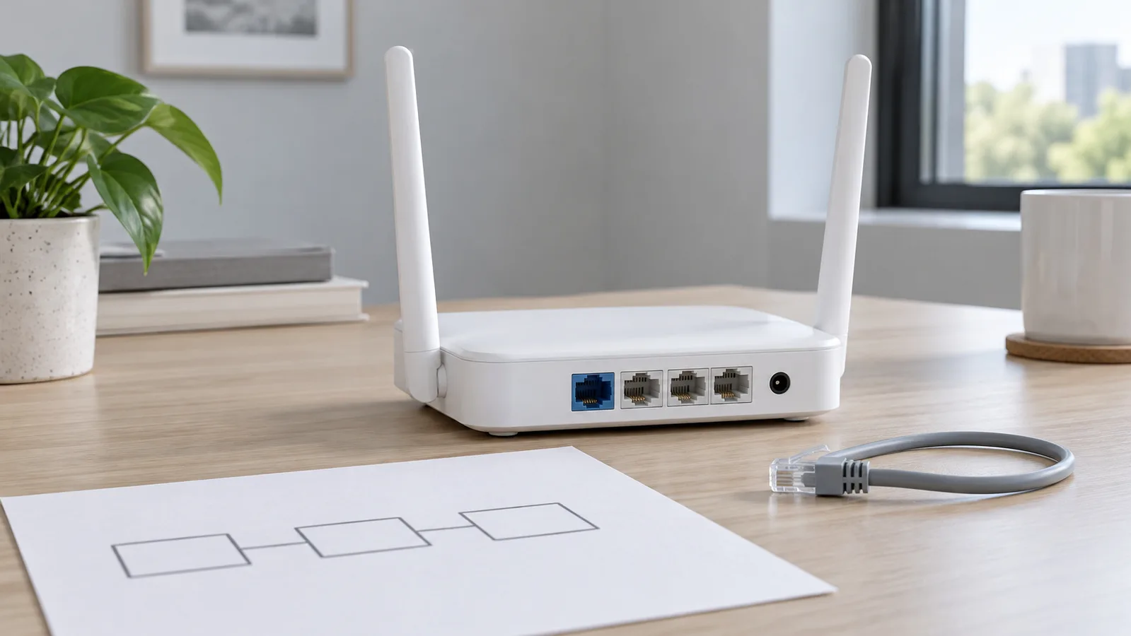 Router Wi-Fi desktop bianco senza marchio con porte Ethernet posteriori visibili accanto a un semplice schizzo di rete