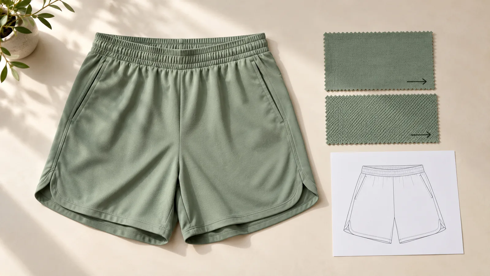 Campione di pantaloncini di abbigliamento sportivo accanto a campioni di tessuto con direzioni contrassegnate e uno schizzo di pannello