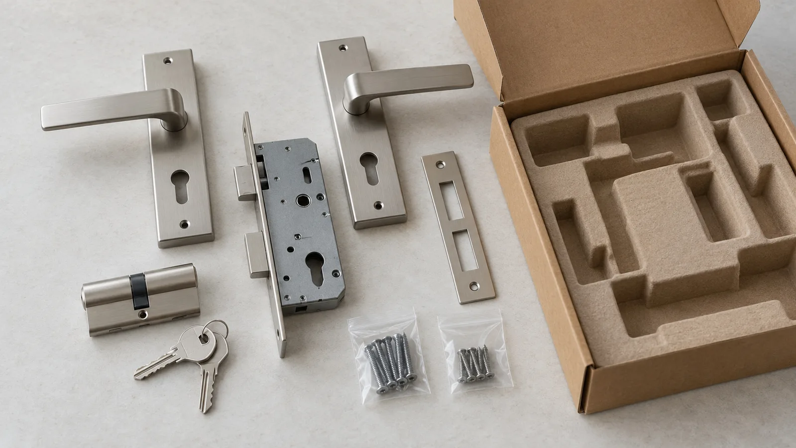 Componenti della serratura della porta disposti accanto a una semplice scatola di imballaggio e borse per hardware separate