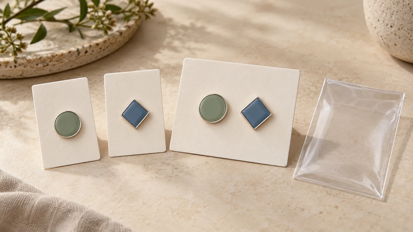 Badge geometrici smaltati montati su semplici cartellini accanto a un set di due badge