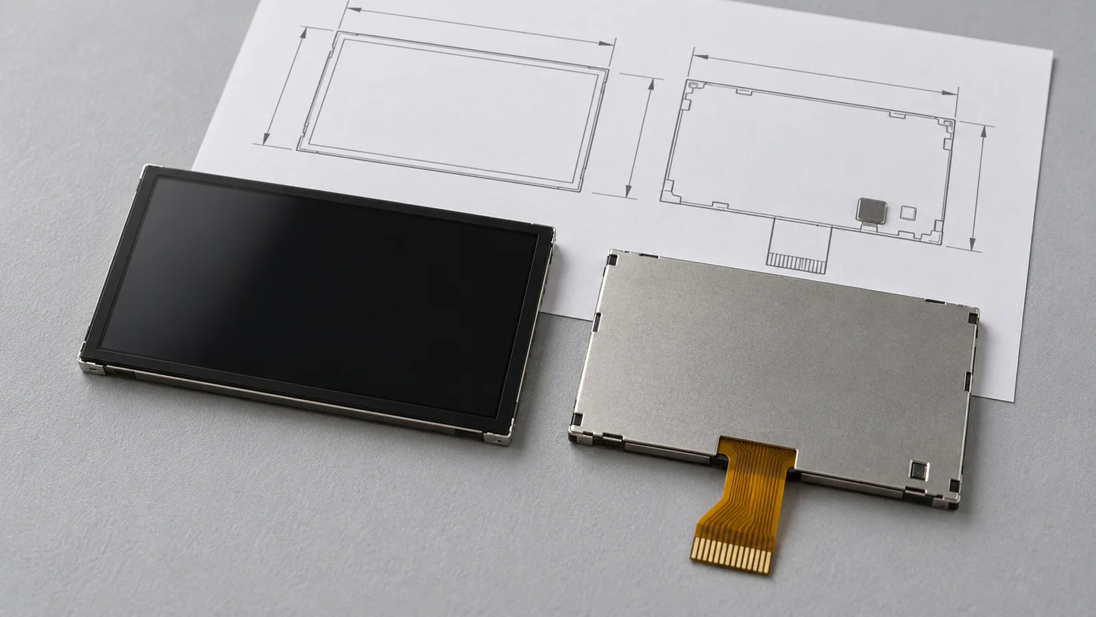 Moduli display non alimentati mostrati dalla parte anteriore e posteriore accanto a un semplice disegno tecnico