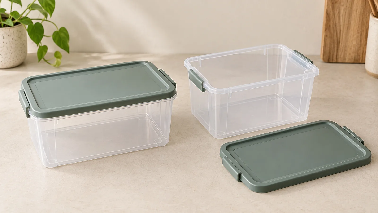 Scatole portaoggetti in plastica mostrate con un coperchio chiuso e un interno aperto