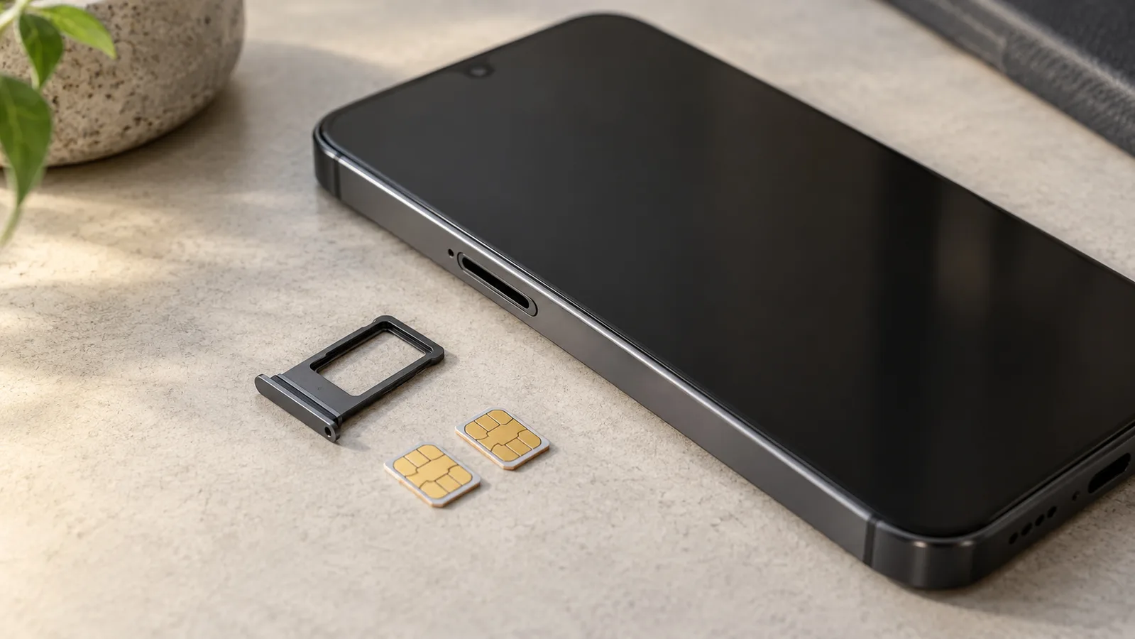 Smartphone senza marchio accanto a un vassoio SIM separato e due schede SIM, che illustra il supporto della scheda fisica