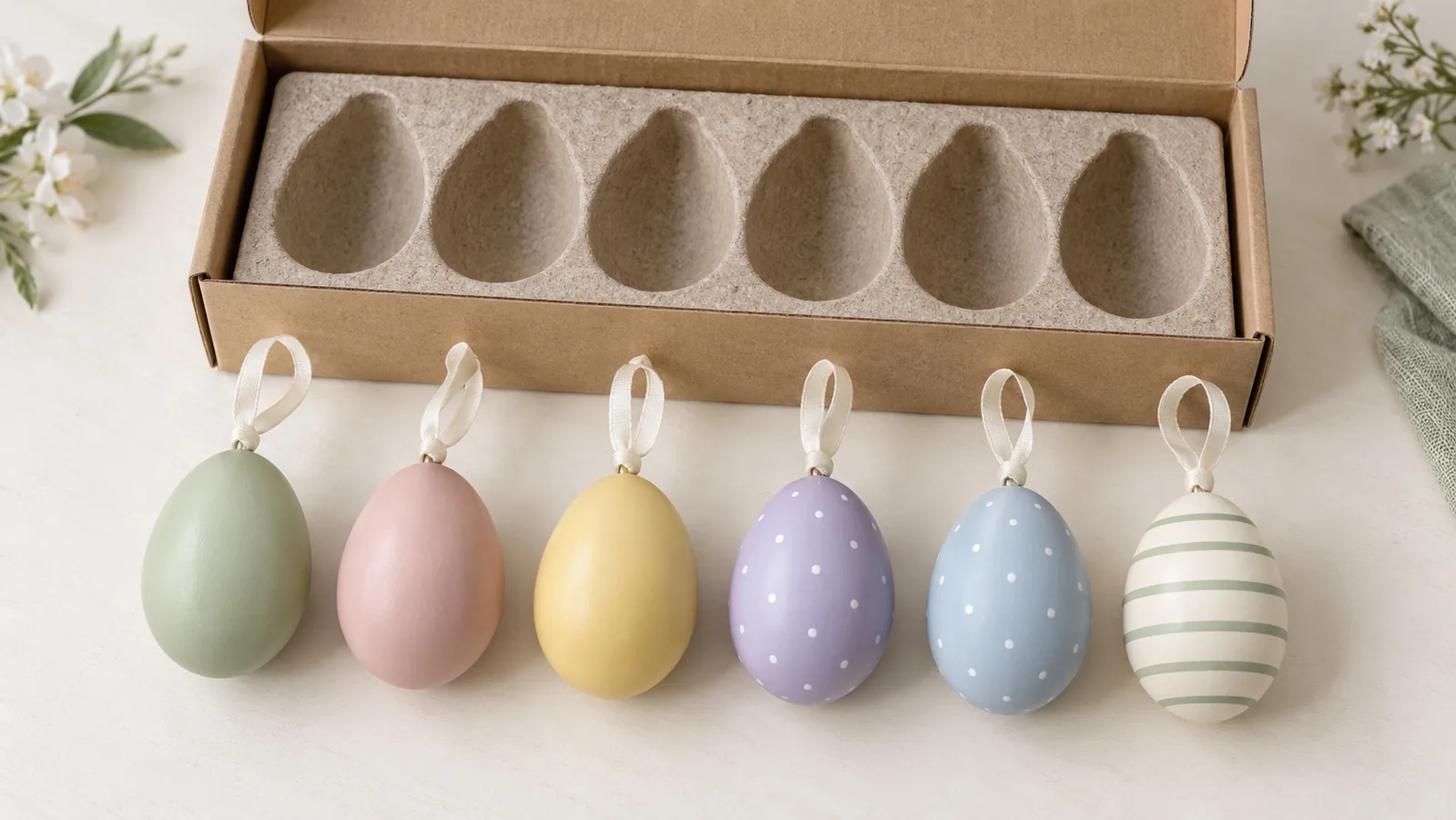 Ornamenti pastello per appendere uova di Pasqua disposti accanto al vassoio di imballaggio per la vendita al dettaglio a scomparti