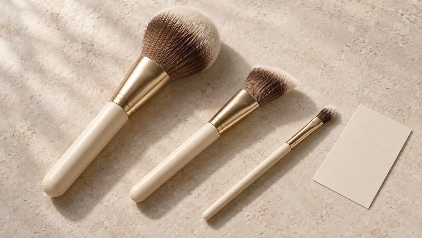 Tre pennelli da trucco senza marchio con manici color crema e ghiere color oro su una superficie chiara da studio
